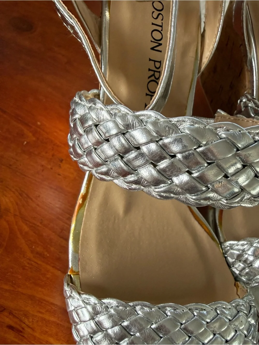 Boston Proper Metallic Silver Braided-Strap Heeled Sandals